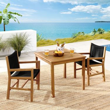 Vienna 3-Piece Outdoor Patio Teak and Rope Dining Set With Armchairs In Natural Black