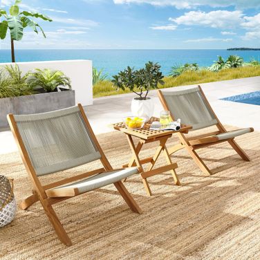 Vienna 3-Piece Outdoor Patio Teak and Rope Folding Lounge Chairs and Side Table In Natural