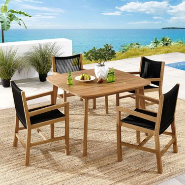 Vienna 5-Piece Outdoor Patio Teak and Rope Dining Set With Armchairs In Natural Black