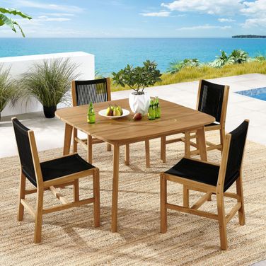 Vienna 5-Piece Outdoor Patio Teak and Rope Dining Set With Armless Chairs In Natural Black
