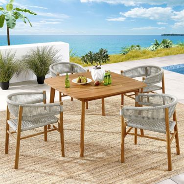Vienna 5-Piece Outdoor Patio Teak and Rope Dining Set With Curved-Back Armchairs In Natural