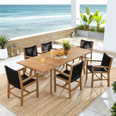 Vienna 7-Piece Outdoor Patio Teak and Rope Dining Set with Armchairs In Natural and Black