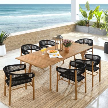 Vienna 7-Piece Outdoor Patio Teak and Rope Dining Set with Curved-Back Armchairs In Natural and Black