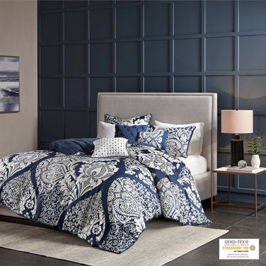 Vienna Cotton Printed 6 Piece King Duvet Cover Set In Indigo