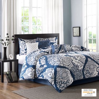 Vienna Cotton Printed 7 Piece California King Comforter Set In Indigo