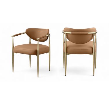 Virella Vegan Leather Upholstered Dining Chair Set of 2 In Cognac and Brushed Brass