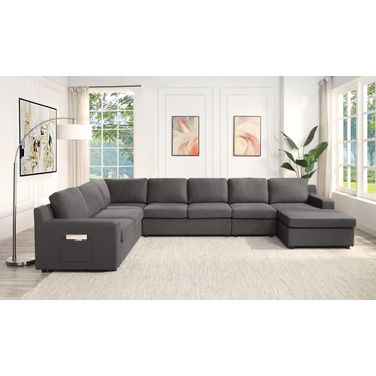 Waylon Gray Linen 7-Seater U-Shape Sectional Sofa Chaise With Pocket 81803-10