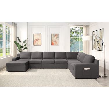 Waylon Gray Linen 7-Seater U-Shape Sectional Sofa Chaise With Pocket 81803-6