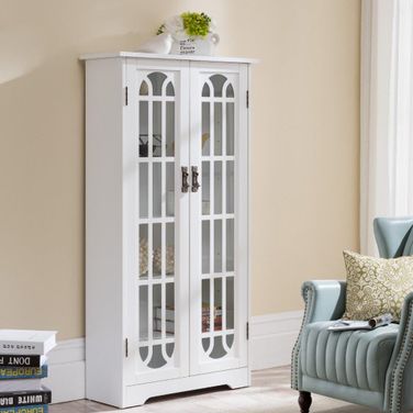 White Display Cabinet With Windowpane Glass Doors