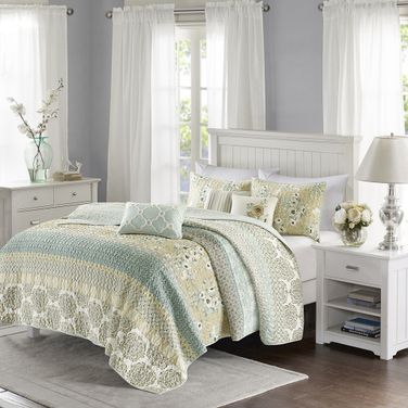 Willa Cotton Sateen Printed 6 Piece Queen Coverlet Set In Green