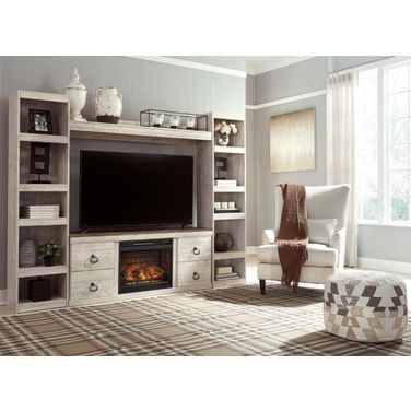 Willowton Whitewash 4 Piece Entertainment Wall with Electric Fireplace