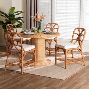 Wilmer 5-Piece Handwoven Rattan Round Dining Room Set In Light Honey