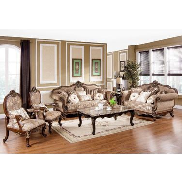 Winfrey 3 Pc Solid Wood And Chenille Living Room Set In Cherry