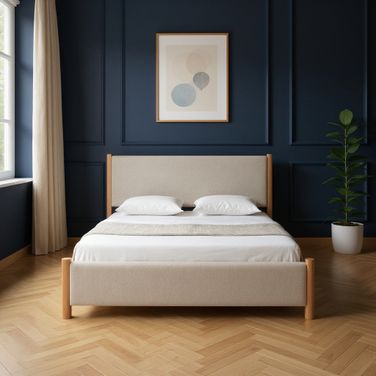 Wood and Upholstery King Bed Frame In Natural and Beige