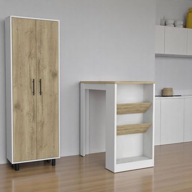 Wood Kitchen Island and Pantry Cabinet Set of 2 In Oak and White
