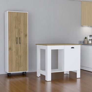 Wood Kitchen Island and Pantry Cabinet Set of 2 In Oak and White