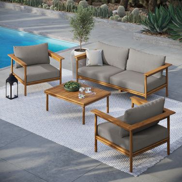 Wren 4-Piece Outdoor Patio Teak Wood Furniture Set In Natural and Driftwood