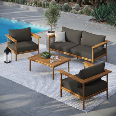 Wren 4-Piece Outdoor Patio Teak Wood Furniture Set In Natural and Flint Gray