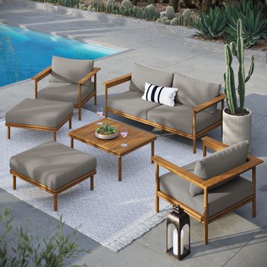 Wren 6-Piece Outdoor Patio Teak Wood Furniture Set In Natural and Driftwood