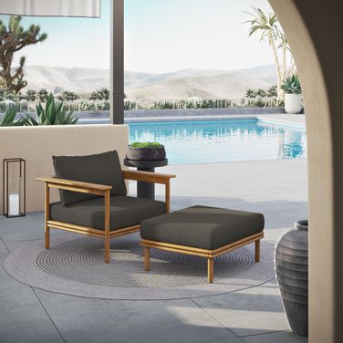 Wren Outdoor Patio Teak Wood Armchair and Ottoman Set In Natural and Flint Gray