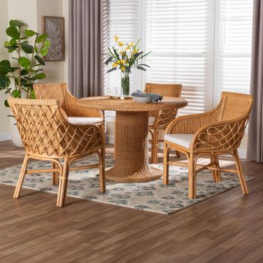 Wymond 5-Piece Rattan Dining Set with Round Wicker Table In Honey