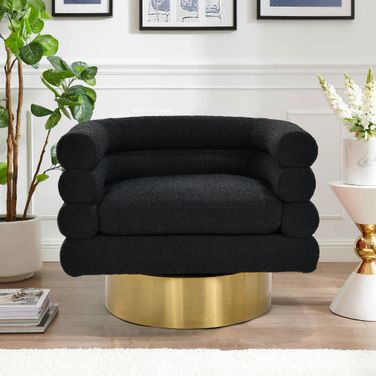 Yuni Boucle Fabric Swivel Arm Chair In Black