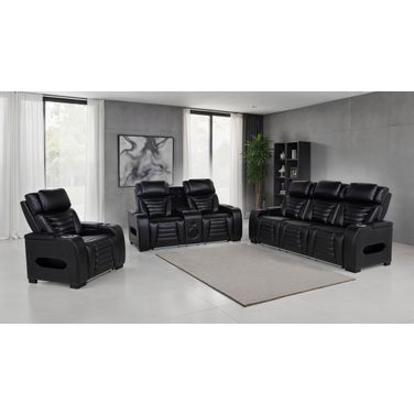 Zuma Faux Leather Dual Power Reclining LED Living Room Set In Black