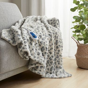 Zuri Oversized Faux Fur Heated Throw In Grey Leopard