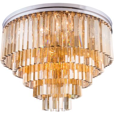 Sydney 32" Polished nickel 17 Light Flush Mount With Golden Teak Royal Cut Crystal Trim