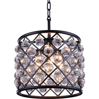 Madison 14" Matte Black 3 Light Pendant Royal Cut Crystal Trim