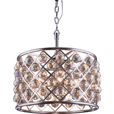 Madison 20" Polished nickel 6 Light Pendant With Golden Teak Royal Cut Crystal Trim