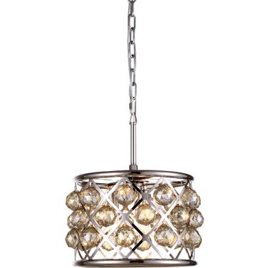 Madison 12" Polished Nickel 3 Light Pendant With Golden Teak Royal Cut Crystal Trim