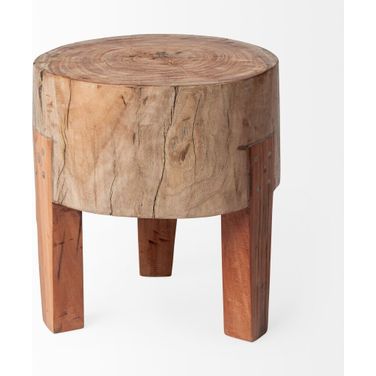 15 Inch Distressed Reclaimed Wood Round End Table In Brown and Dark Brown