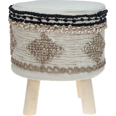 16 Inch Jute Round Abstract Ottoman In Beige and Brown