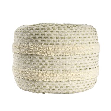 18 Inch Cotton Blend Round Striped Pouf Ottoman In Ivory and Green