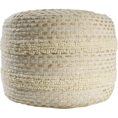 18 Inch Cotton Blend Round Striped Pouf Ottoman In Natural and Ivory