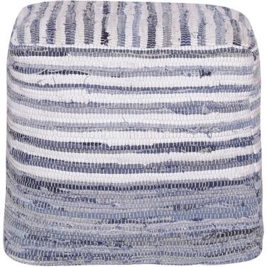 18 Inch Cotton Cube Striped Pouf Ottoman In Blue