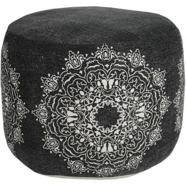 18 Inch Cotton Cylinder Medallion Pouf Ottoman In Black