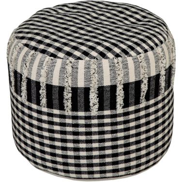 18 Inch Cotton Cylinder Plaid Pouf Ottoman In Black