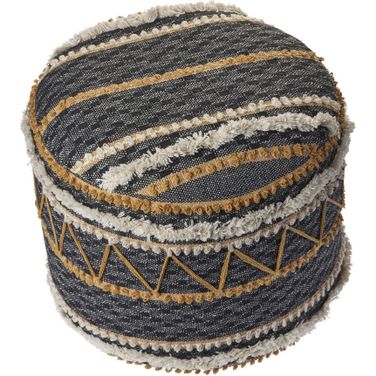 18 Inch Cotton Cylinder Striped Pouf Ottoman In Black