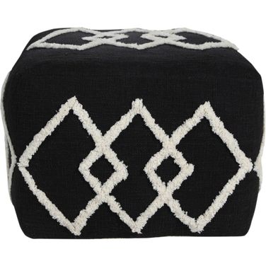 18 Inch Cotton Geometric Pouf Ottoman In Black