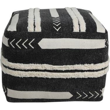 18 Inch Cotton Geometric Pouf Ottoman In Black