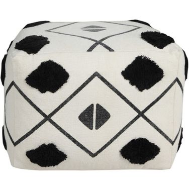 18 Inch Cotton Geometric Pouf Ottoman In White
