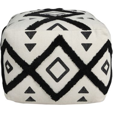 18 Inch Cotton Geometric Pouf Ottoman In White