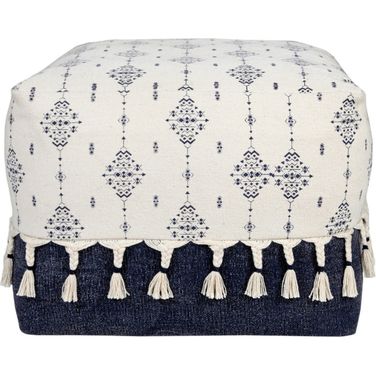 18 Inch Cotton Medallion Pouf Ottoman In Natural and Navy Blue