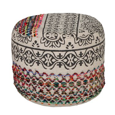 18 Inch Cylinder Geometric Pouf Ottoman In Rainbow and Gray