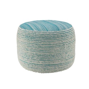 18 Inch Fabric Cylinder Striped Pouf Ottoman In Blue