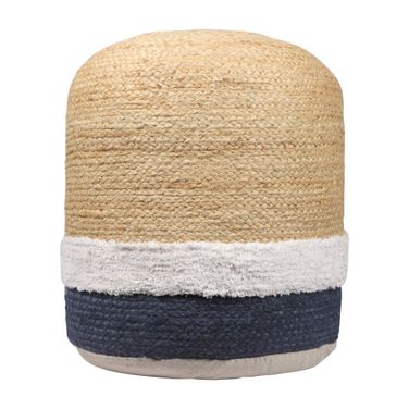 18 Inch Jute Blend Cylinder Striped Pouf Ottoman In Natural and Navy Blue