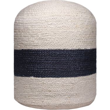 18 Inch Jute Blend Cylinder Striped Pouf Ottoman In Off White and Navy Blue