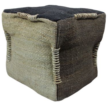 18 Inch Jute Cube Pouf Ottoman In Black and Taupe